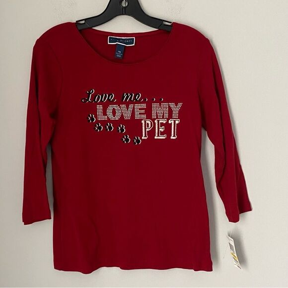 Karen Scott Women’s 3/4 Sleeve ‘Love me love my pet’ Printed Front Tee size PM - Picture 1 of 3